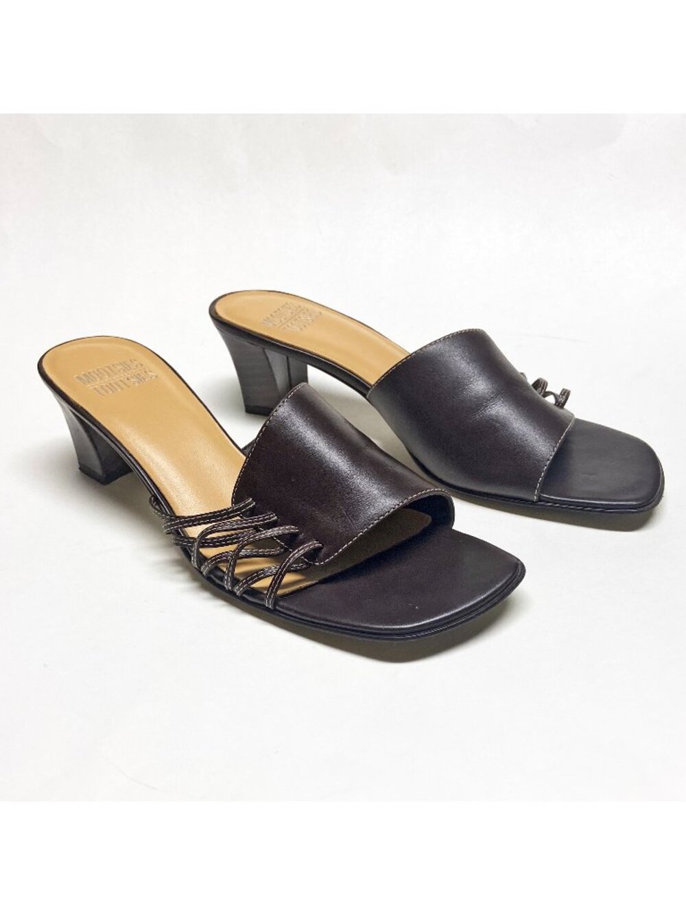 Mootsies Tootsies Erin Brown Leather Slides Sandals Heels Size 9 Square Toe